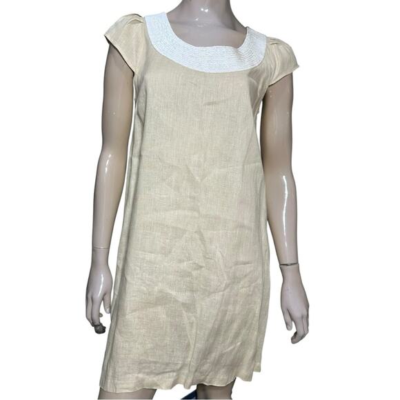 Calypso St Barth Women’s Size M Tan Beige Linen White Sequin Neck Mini Dress - Picture 2 of 10